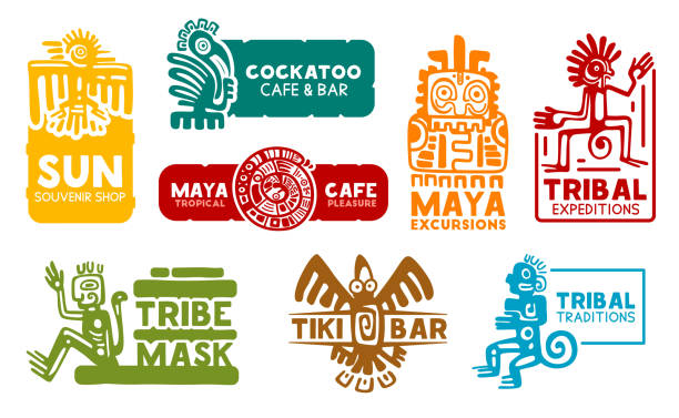 Aztec and Maya corporate business identity icons Maya and Aztec business corporate identity icons. Vector Mayan and Aztec symbols, souvenir shop or food cafe bar and Mexico historic travel trip excursion agency traditional sun symbol art for sale stock illustrations