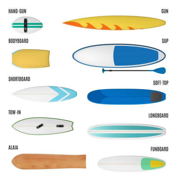 Surfing sport surfboard type names icons Surfboard types, surfing sport board icons. Vector isolated set of surfboard model names, hand-gun bodyboard or sup with paddle, soft top and shortboard or longboard, funboard, and alaia paddleboard stock illustrations