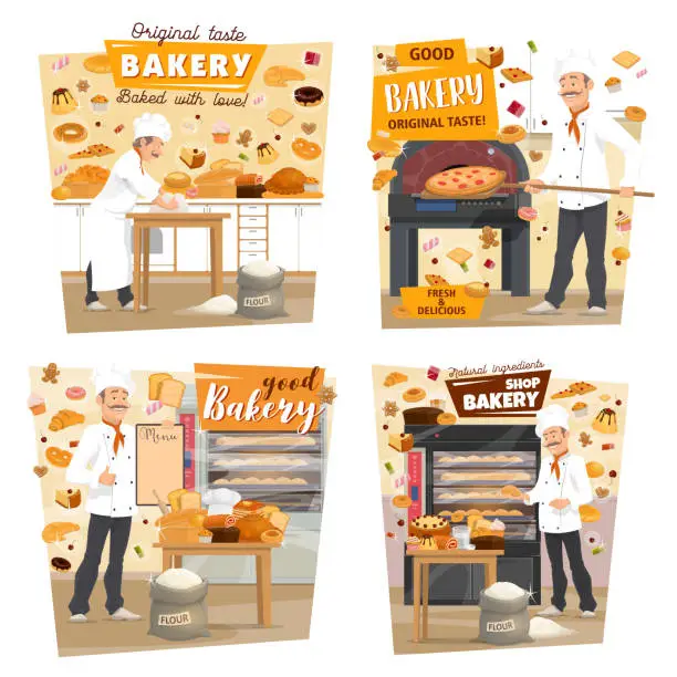 Vector illustration of Bakery shop, patisserie baker profession
