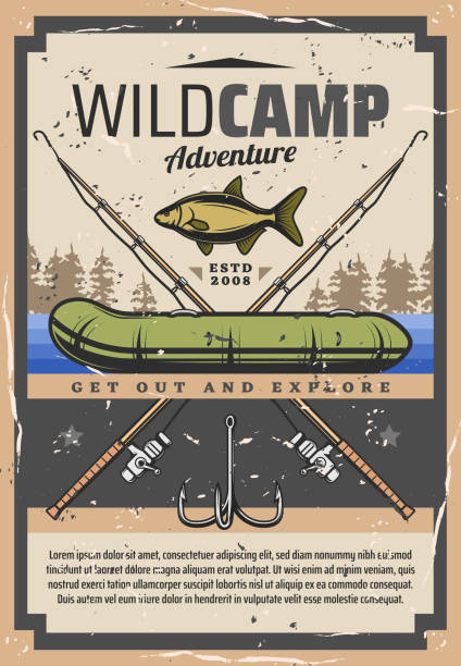 ilustrações, clipart, desenhos animados e ícones de pesca aventura acampamento selvagem, equipamento de fisher - catfish fish fishing fishing hook