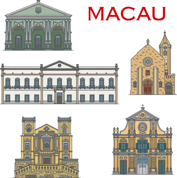 Vector illustration of Macau landmark buildings, Portuguese architecture