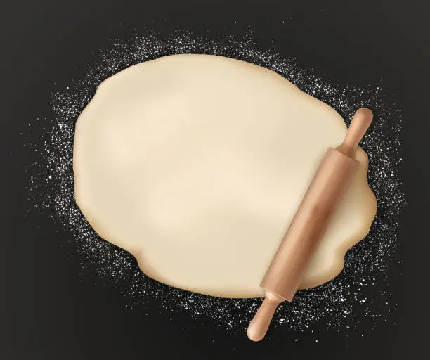 Vector illustration of Rolling pin and homemade pastry dough, bakery food