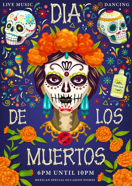 멕시코 휴일, 죽은 두개골 두개골의 날 - catrina stock illustrations