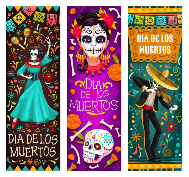 멕시코 죽은 날 파티 의 죽은 자의 날 - mexico mexican culture carnival paper stock illustrations