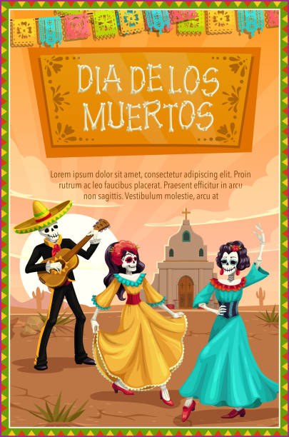 멕시코 디아 데 로스 무에르토스, 스켈레톤 댄스 - mexico mexican culture carnival paper stock illustrations