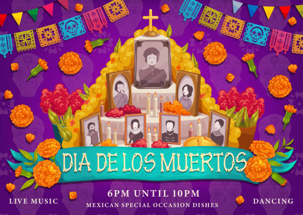 mexikanische tag der toten feiertag, altar fotos - spain spanish culture art pattern stock-grafiken, -clipart, -cartoons und -symbole