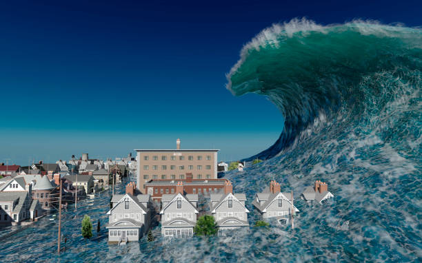 istock Tsunami wave apocalyptic water view urban flood Storm. 3D illustration 1176099040