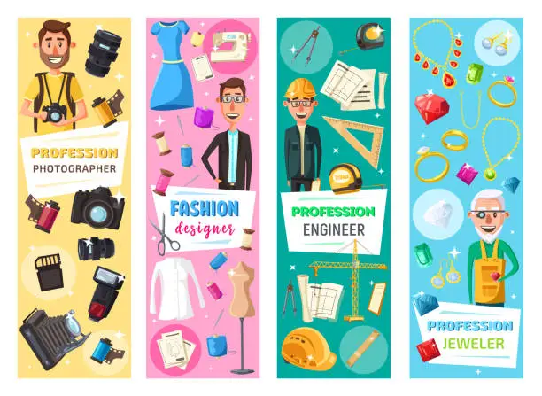 Vector illustration of Engineer, fashion tailor, jeweler and photographer