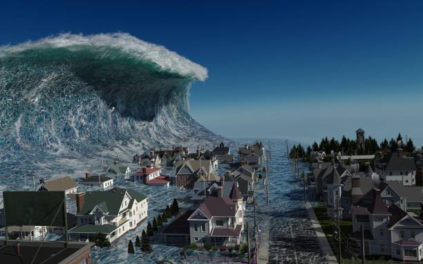 istock Tsunami wave apocalyptic water view urban flood Storm. 3D illustration 1176099151