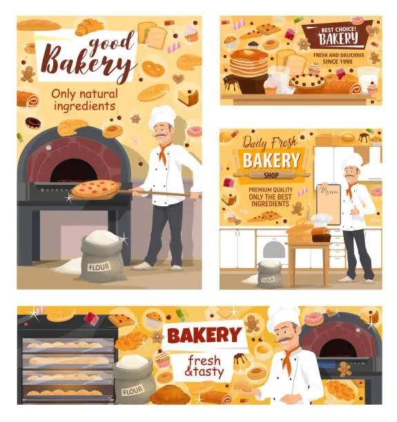 Vector illustration of Bakery shop bread, pizza and baker pastry cakes