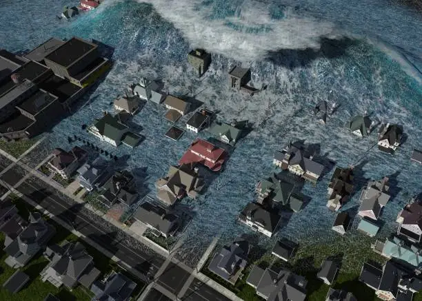 Photo of Tsunami wave apocalyptic water view urban flood Storm. 3D illustration