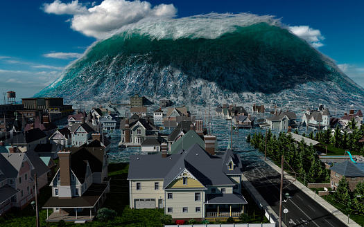 3D illustration tsunami wave apocalyptic water view urban flood Storm