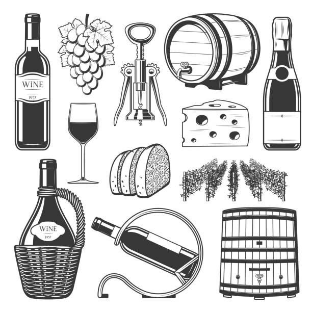 illustrazioni stock, clip art, cartoni animati e icone di tendenza di icone della vinificazione, della cantina e della produzione vinicola - wine cheese food cellar