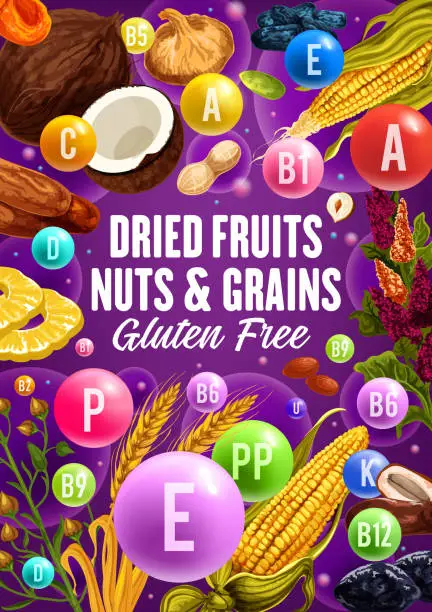 Vector illustration of Vitamins in healthy dried fruits, cereals and nuts