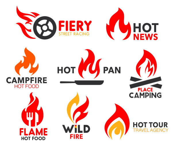 Corporate identity fire flame, spicy burn icons Fire flame icons, burning hot heat. Vector corporate identity signs of spicy cuisine and sizzling fire on pan, fiery street racing and hot news, camping tour bonfire and travel agency chef cooking flames stock illustrations