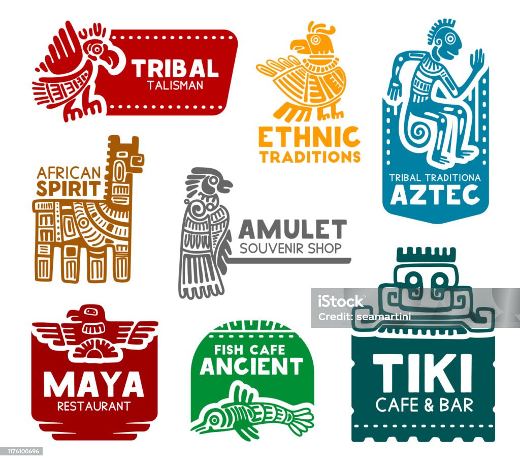 Simboli aztechi e Maya, icone di identità aziendali - arte vettoriale royalty-free di Civiltà Maya