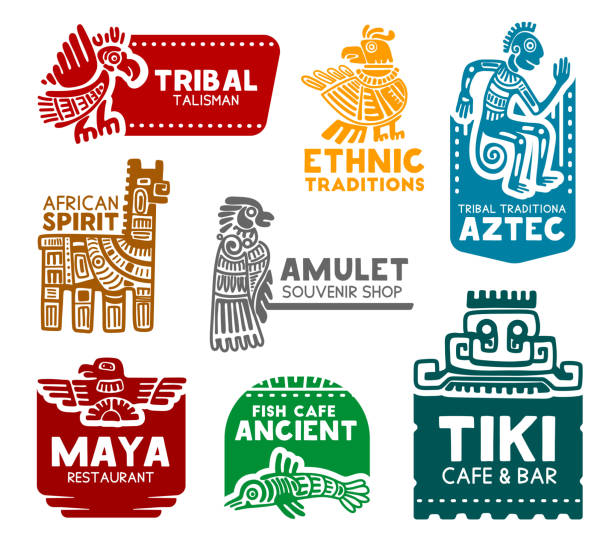 Aztec and Mayan symbols, corporate identity icons Maya and Aztec tribal signs, corporate business identity icons. Vector Mayan and Aztec birds and animals ethnic symbols of fish cafe, restaurant or cafe and bar, souvenirs art shop and tourism traditional sun symbol art for sale stock illustrations