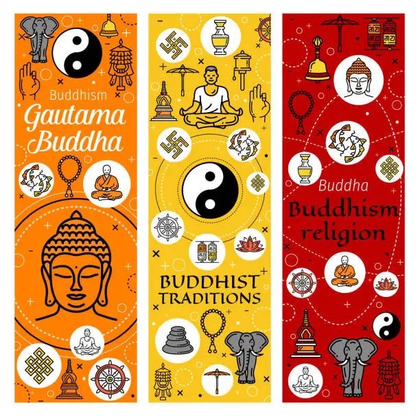 Vector illustration of Buddhism, mediation and Buddhist traditions