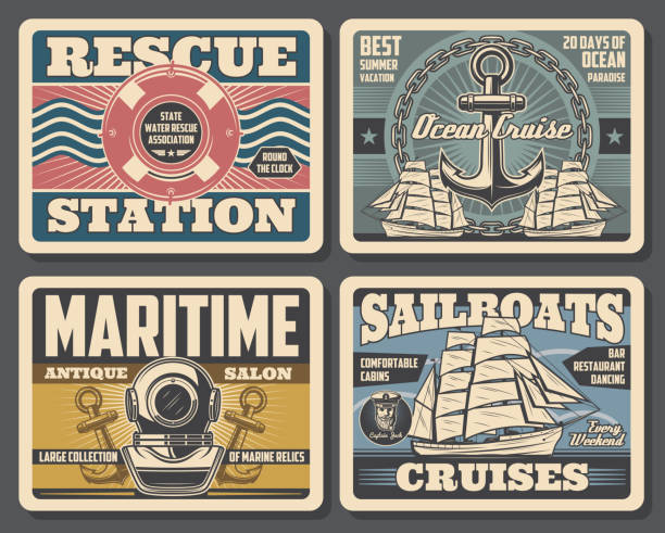 Marine antique salon, sailboat ocean cruises Nautical vintage posters, marine adventure and water swimmer rescue station. Vector marine relics antique salon, sailboat ocean cruises and summer vacations, aqualung with ship anchor and lifebuoy bellcaptain stock illustrations