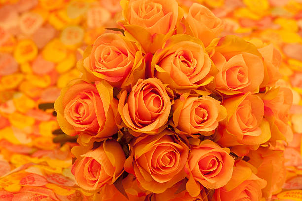 melocotón, ramo de rosas, el amor y el romance, selectivo-focus, cálidos tonos - orange rose candy valentines day fotografías e imágenes de stock