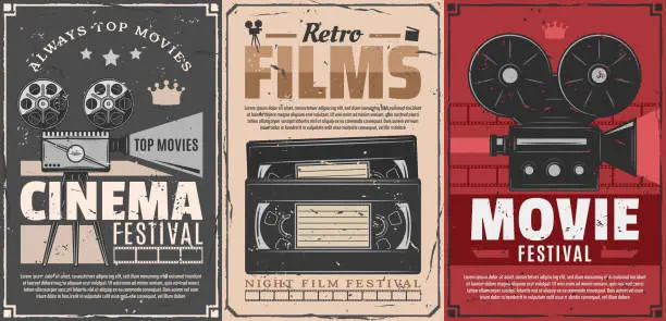 Vector illustration of Cinema movie, film reel, projector, video tapes