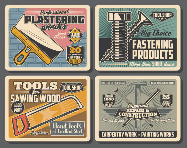 Hammer, spatula, saw and nails. House repair tools House repair and construction retro posters with vector hand tools of carpentry, painting and plastering works. Hammer, nails and spatula, saw, screw and bolt, hacksaw and brick wall. Hardware store bolt fastener stock illustrations