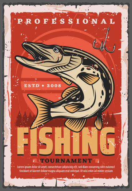 Fishing hook, pike fish and fisherman tackle Fishing sport tournament retro poster with vector fish, fisherman equipment and tackle. Pike fish and fisher hook with forest trees on background. Sporting competition, outdoor activity hobby design fishing illustrations stock illustrations