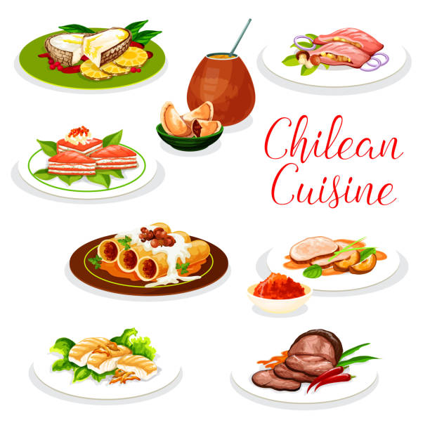 Chilean meat pies empanada, baked fish and pasta Chilean cuisine dishes vector design of meat, fish and pastry. Empanadas, stuffed salmon and cannelloni pasta with mushroom, grilled fish, pork and beef with fruit and wine sauces, salmon cheese pie apple pie cheese stock illustrations