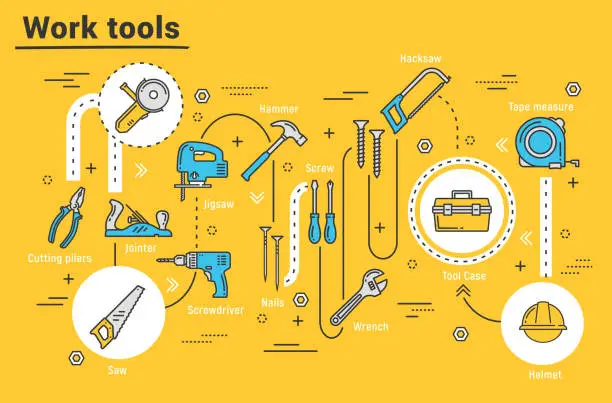 Vector illustration of House repair tools, hummer, drill, pliers, toolbox