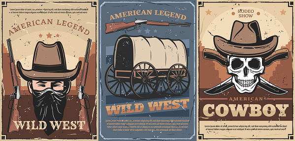 Wild West American cowboy and skull vector design with vintage hats, guns and knives, old wagon cart, sheriff rifle, bandana and desert landscape. American legend, rodeo show and USA frontier history