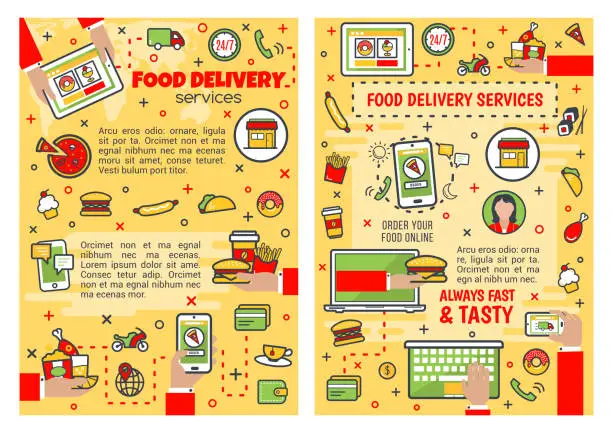 Vector illustration of Fast food burger, pizza online order and delivery