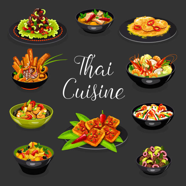 kuchnia tajska zupa z owoców morza, sałatka mięsna z warzywami - thailand thai cuisine prawn tom yum soup stock illustrations
