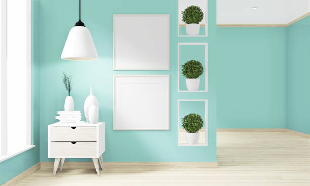 istock Mock up empty room mint wall on floor wooden interior design.3D rendering 1176103464