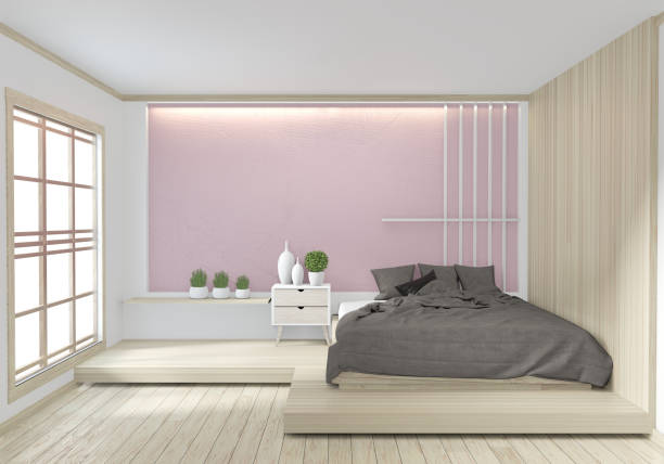istock bed room pink color  japanese interior design.3D rendering 1176103865