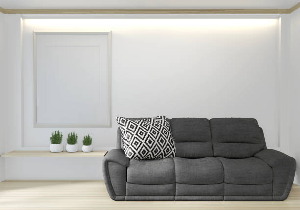 istock Neutral interior with black velvet armchair and frame on empty room background. 3D rendering. 1176103911