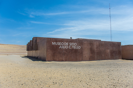 Paracas / Peru: April 27 2019: Facade of Julio C. Tello de Paracas Site Museum surrounded by desert