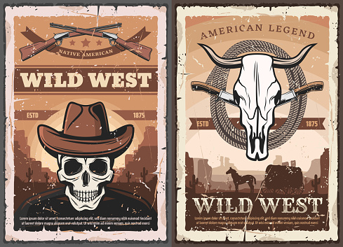 Wild West American Western vintage grunge poster. Vector skeleton skull in cowboy hat, bandit shotgun rifle and wild horse lasso, Western wagon wheel cart in prairie and bull skull