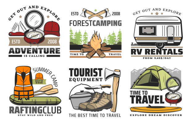 ilustrações de stock, clip art, desenhos animados e ícones de rafting, forest camping and hiking travel icons - inflatable raft camping kayak mountain climbing