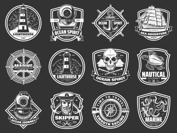 Vector illustration of Marine adventure, ocean spirit nautical icons