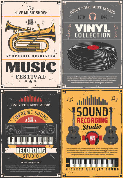 Music and musical instruments, recording studio Music and sound recording studio, vinyl records shop and music festival vintage retro posters. Vector music band instruments, DJ headphones and jazz trumpet, synthesizer piano and electric guitars guitar borders stock illustrations
