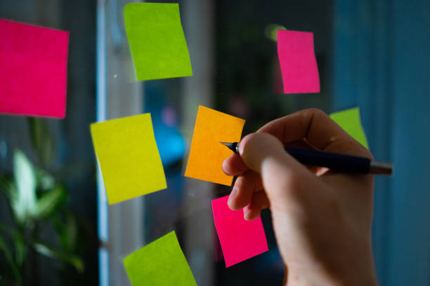 istock person taking down some notes on a color sticker on the window glass 1176105269