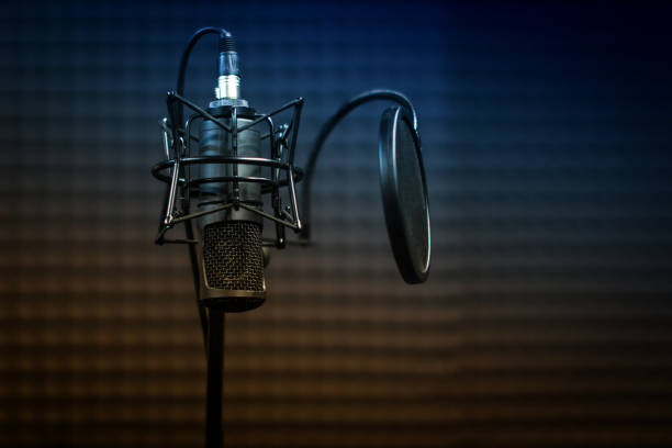 istock Microphone close - up on the background of a professional recording Studio. Workplace singers and musicians. Microphone stand for recording vocals, speakers and sound of musical instruments. 1176105465
