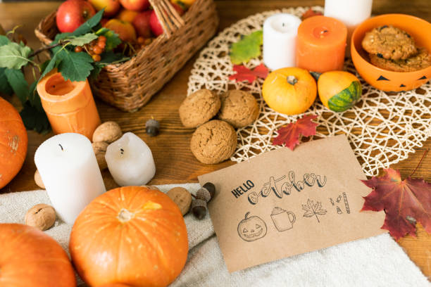 istock October background with traditional symbols, objects and food on wooden table 1176106560