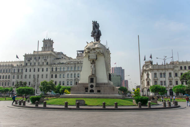 Lima, Peru - October 18, 2018: The Plaza San Martín is one of the most representative public spaces of the city of Lima, Peru. Its central monument gives homage to Peru's liberator, José de San Martín.