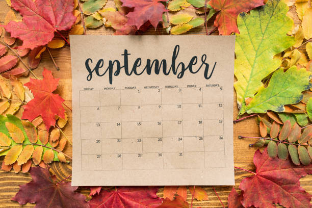 September calendar sheet with autumn leaves of red, yellow and green color September calendar sheet with multiple autumn leaves of red, yellow and green color september calendar stock pictures, royalty-free photos & images