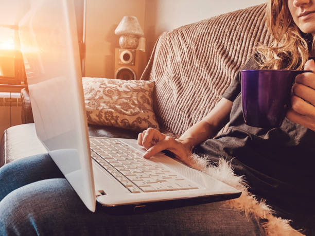 istock Woman using laptop on a home couch. 1176107545