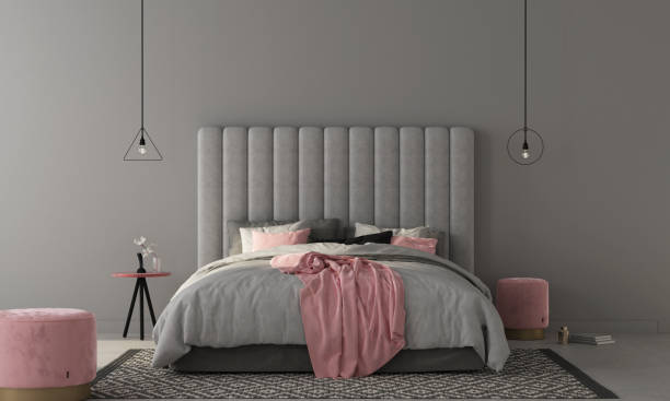 istock Bedroom with large gray bed and pink poufs. 3d render 1176109055