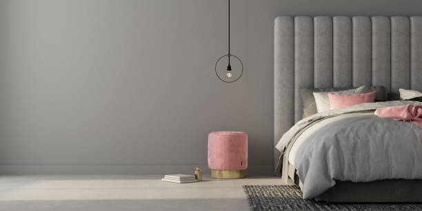 istock Bedroom with large gray bed and pink pouf. 3d render 1176109063