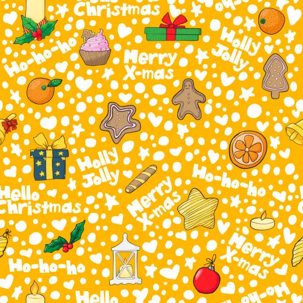Vector illustration of Vector seamless pattern with hand draw hygge christmas item with quote holly jolly merry x-mas hello xmas illustration in doodle cartoons style on orange background with white dots and hearts