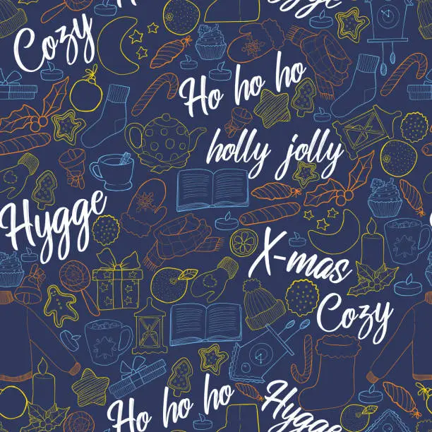 Vector illustration of Vector seamless pattern with hand draw hygge christmas item with quote holly jolly x-mas ho ho ho cozy illustration in doodle cartoons style on blue background for wrapping, textile or post card